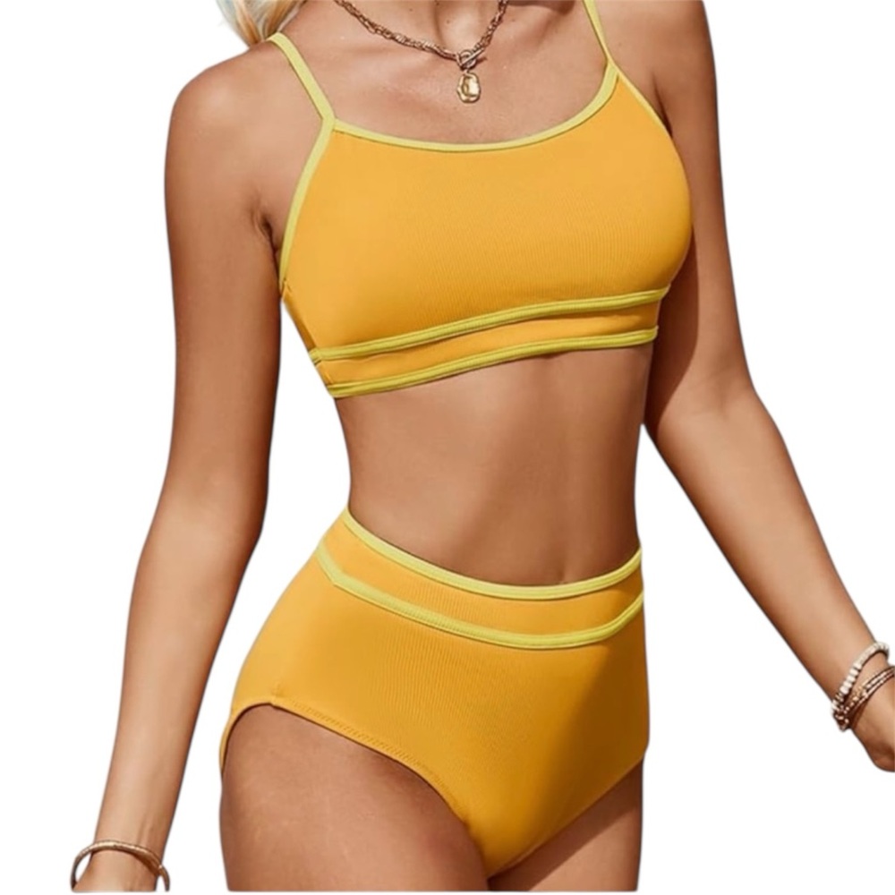 Herseas Mustard Yellow Colorblock Trim Bikini Set High Waisted Size L NWT